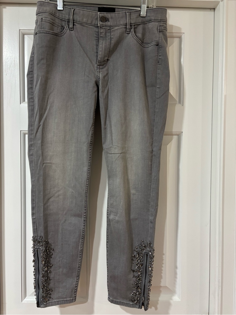 White House Black Market Gray Skinny Jeans with Embellished Ankles